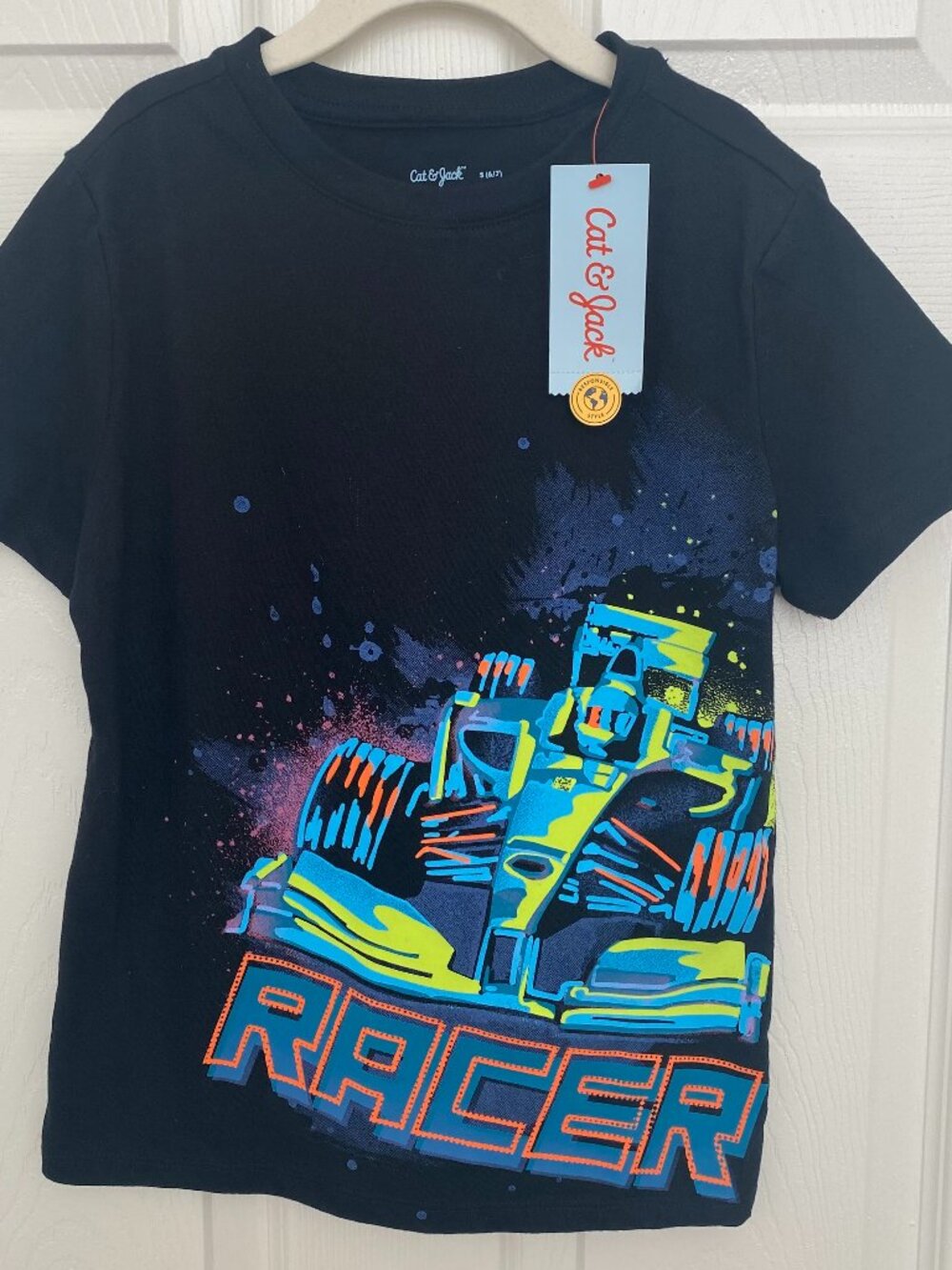 NWT Cat & Jack Race Car Graphic Tee Boys Size 6/7 Black Neon